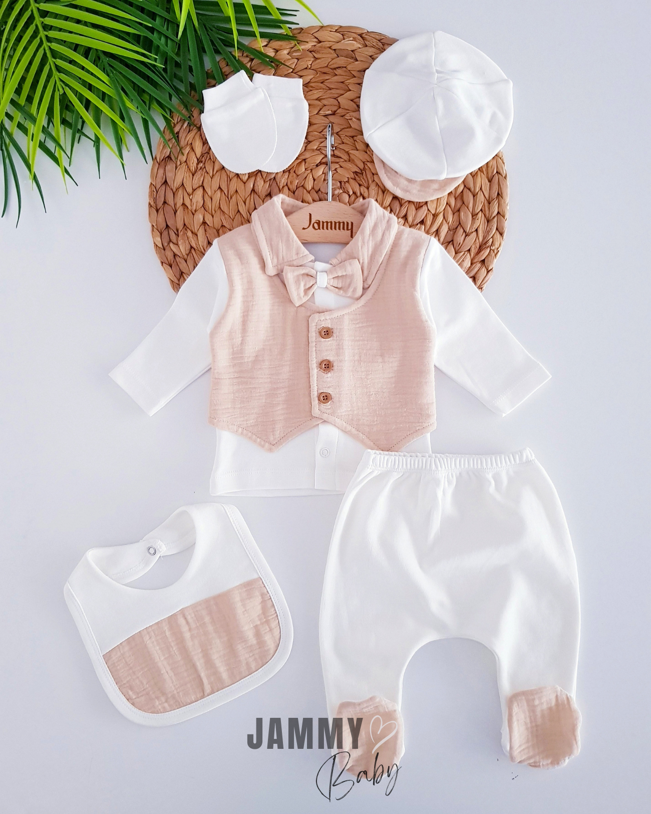 Edward Muslin Vest Detailed 5 Piece Newborn Set-MILK COFFEE