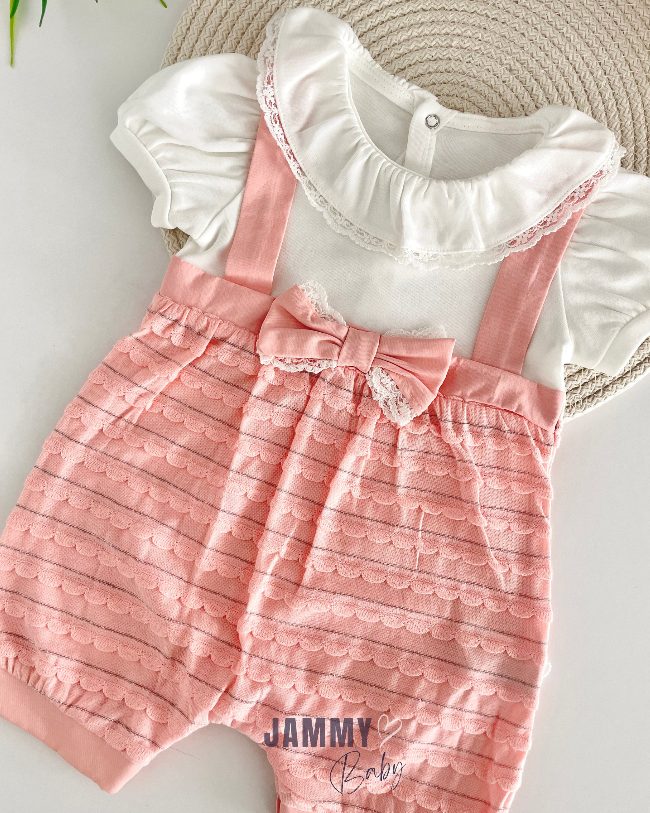 Alina Sparkly Bow Detailed Barbatos Jumpsuit for Babies - Soft Ecotex Fabric - Salmon