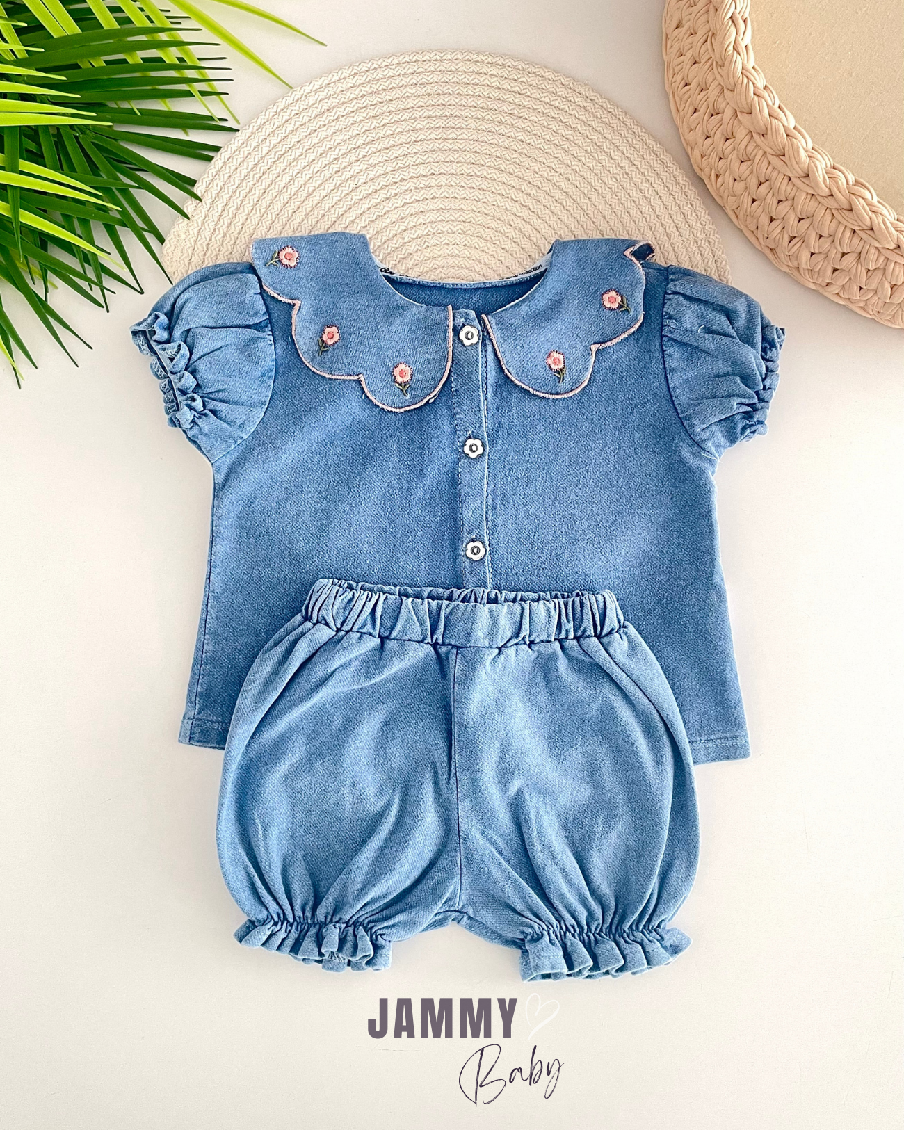 Amy Brode geborduurd shirt/shorts set - BLAUW