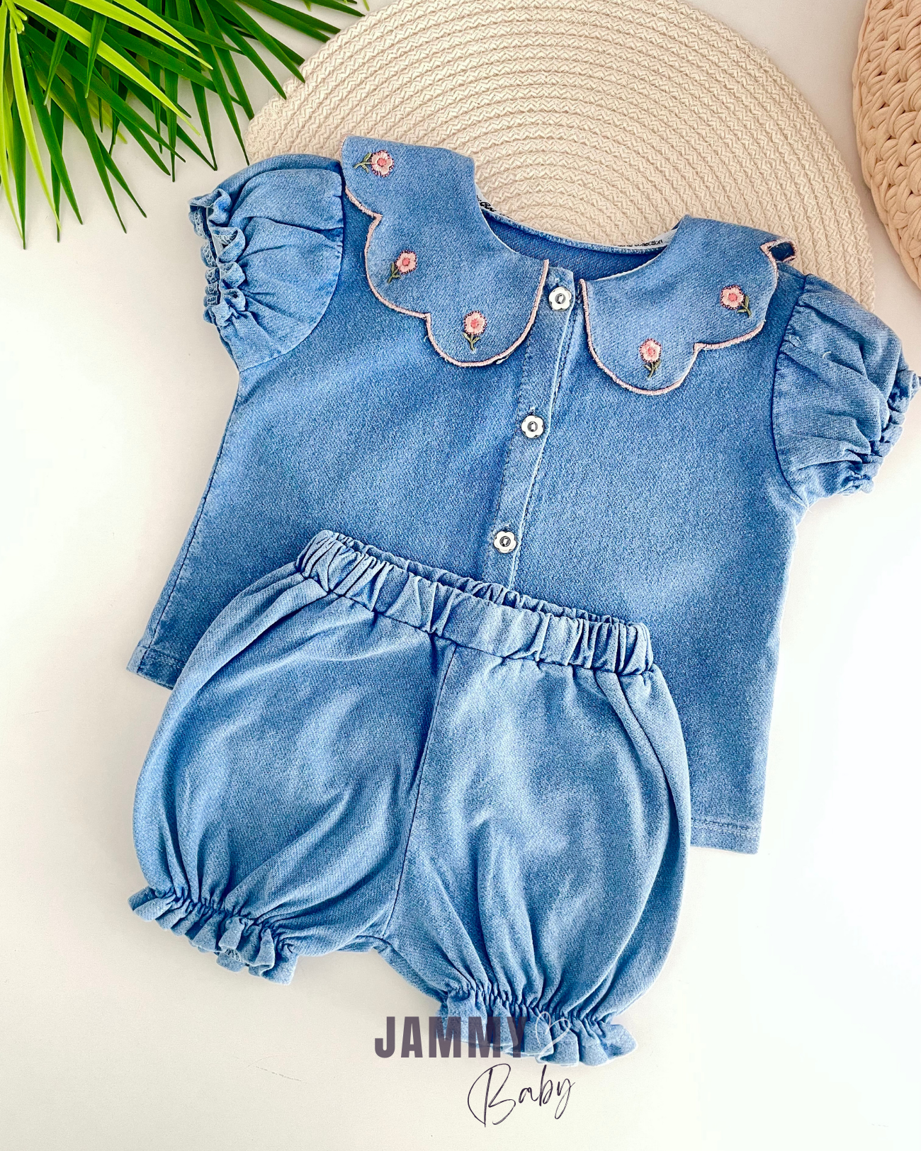 Amy Brode geborduurd shirt/shorts set - BLAUW