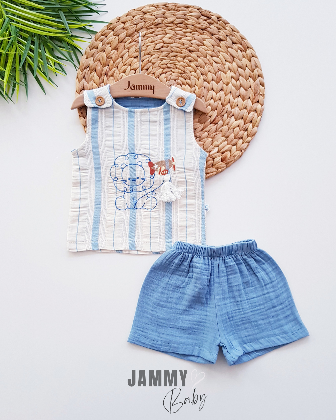 Lion Embroidery Themed Muslin Set-BLUE