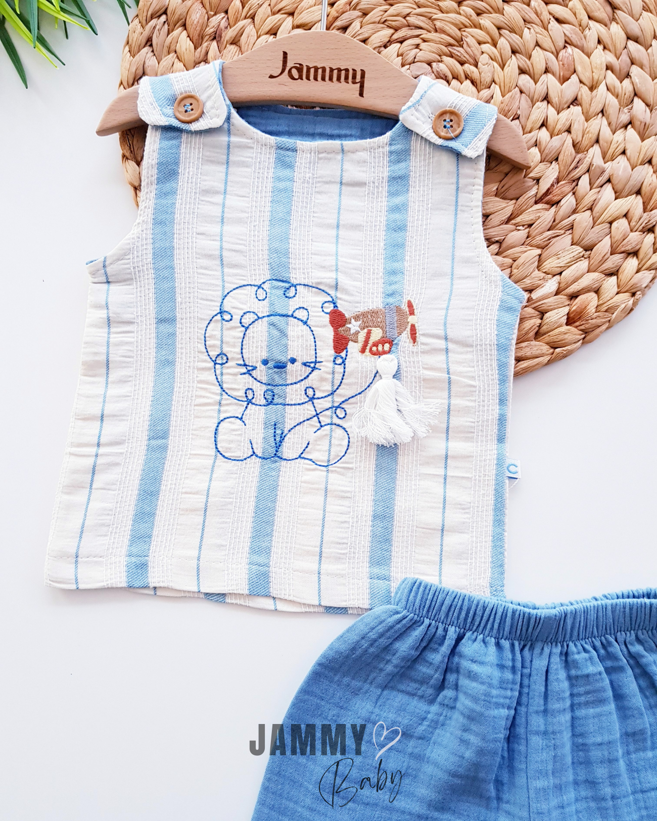 Lion Embroidery Themed Muslin Set-BLUE