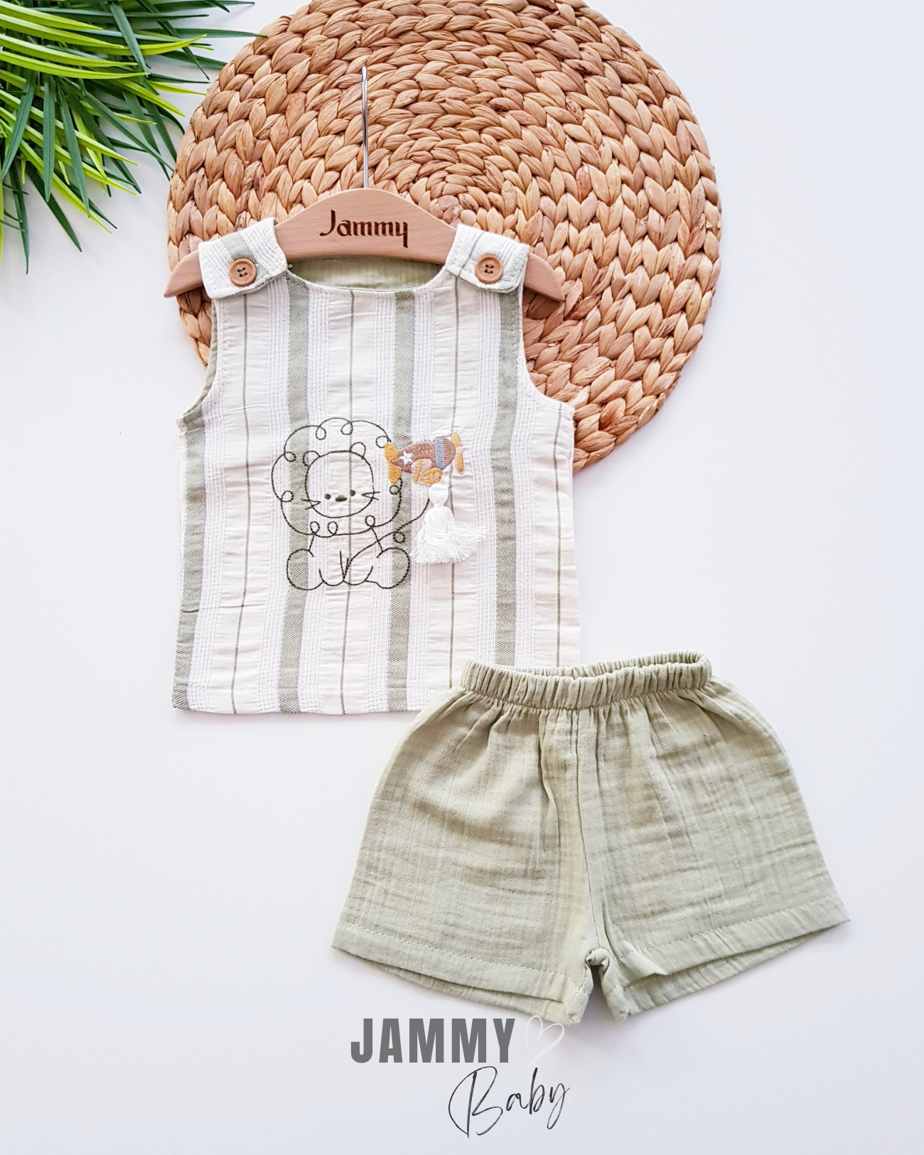 Lion Embroidery Themed Muslin Set-GREEN