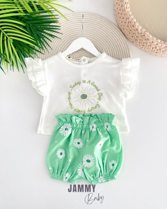 Sunflower Embroidered Shorts 2-Piece Set -MINT