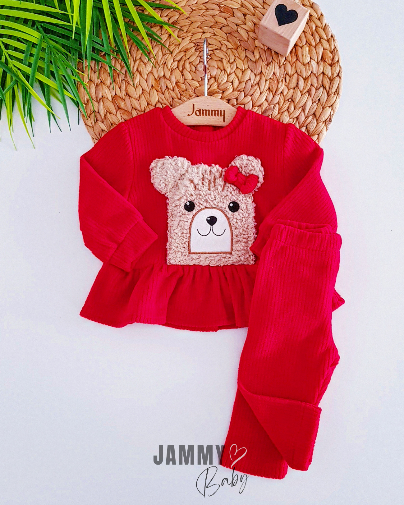 Teddy Bear Appliqued Fleece Set-RED