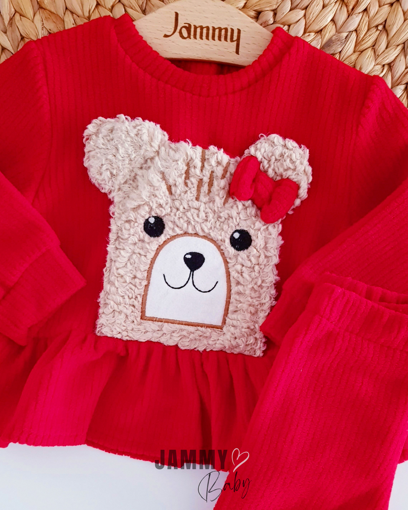 Teddy Bear Appliqued Fleece Set-RED