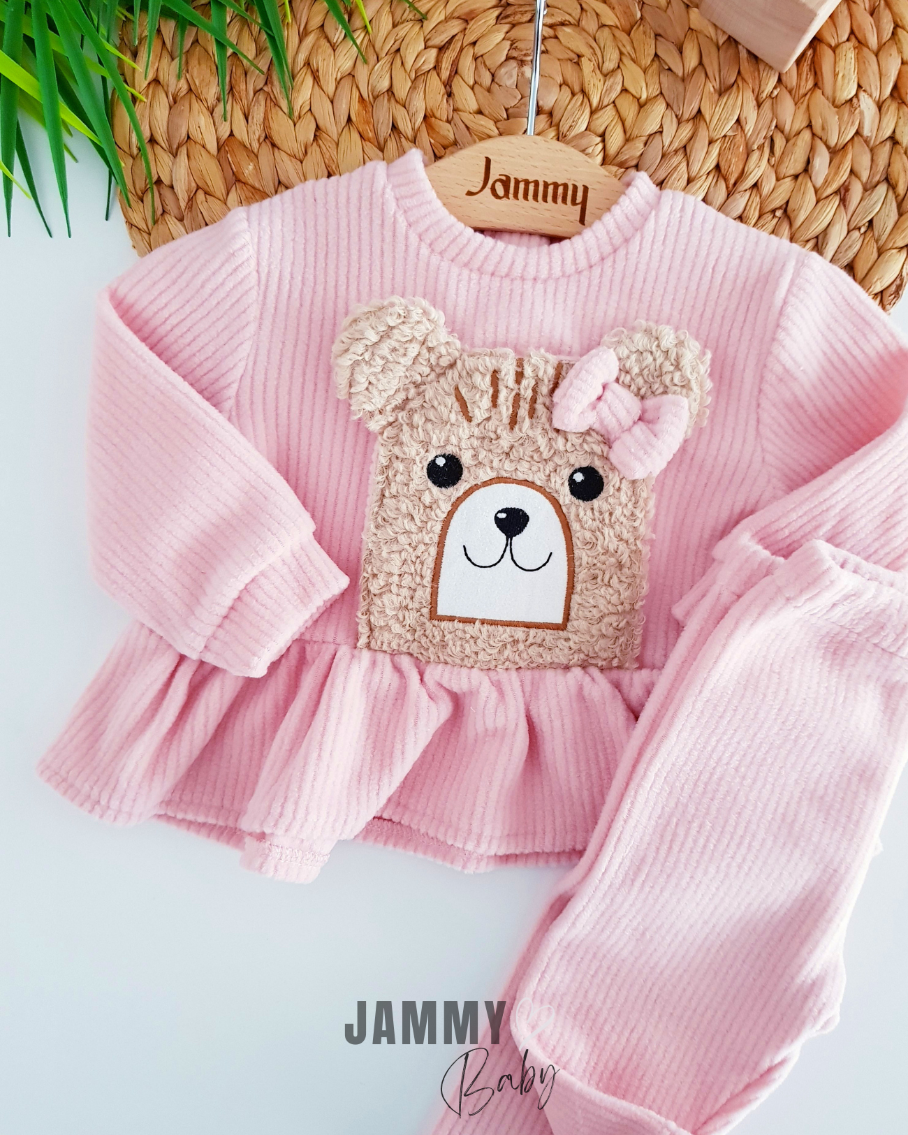 Teddy Bear Appliqued Fleece Set-POWDER