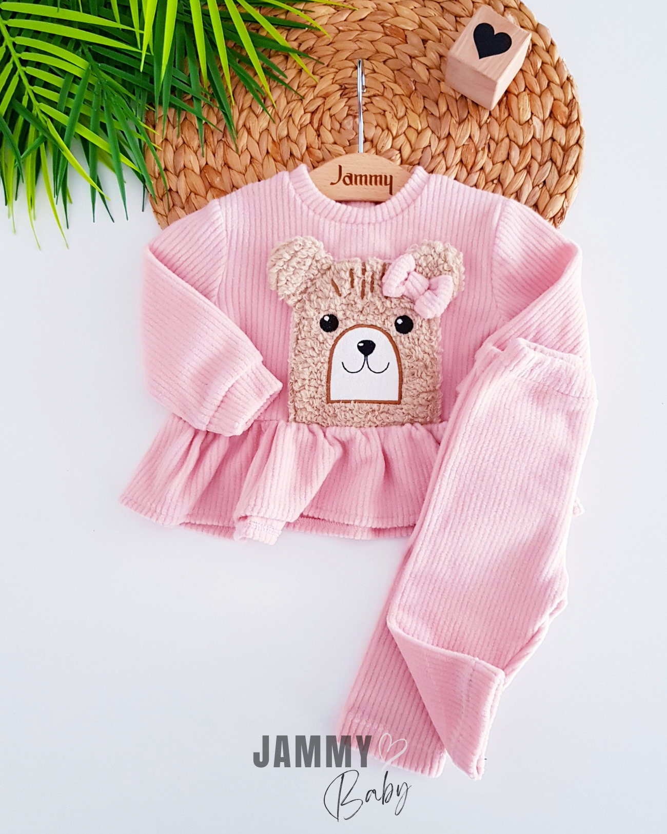 Teddy Bear Appliqued Fleece Set-POWDER