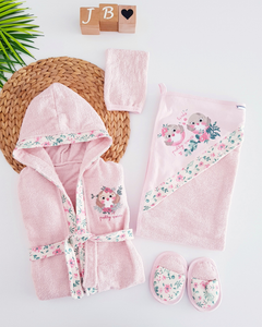 Piece Bathrobe Set With Owl Embroidery - PINK