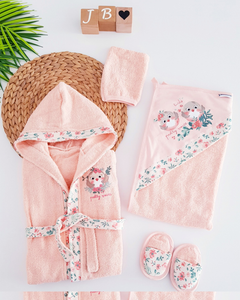 4 Piece Bathrobe Set With Owl Embroidery - SALMON