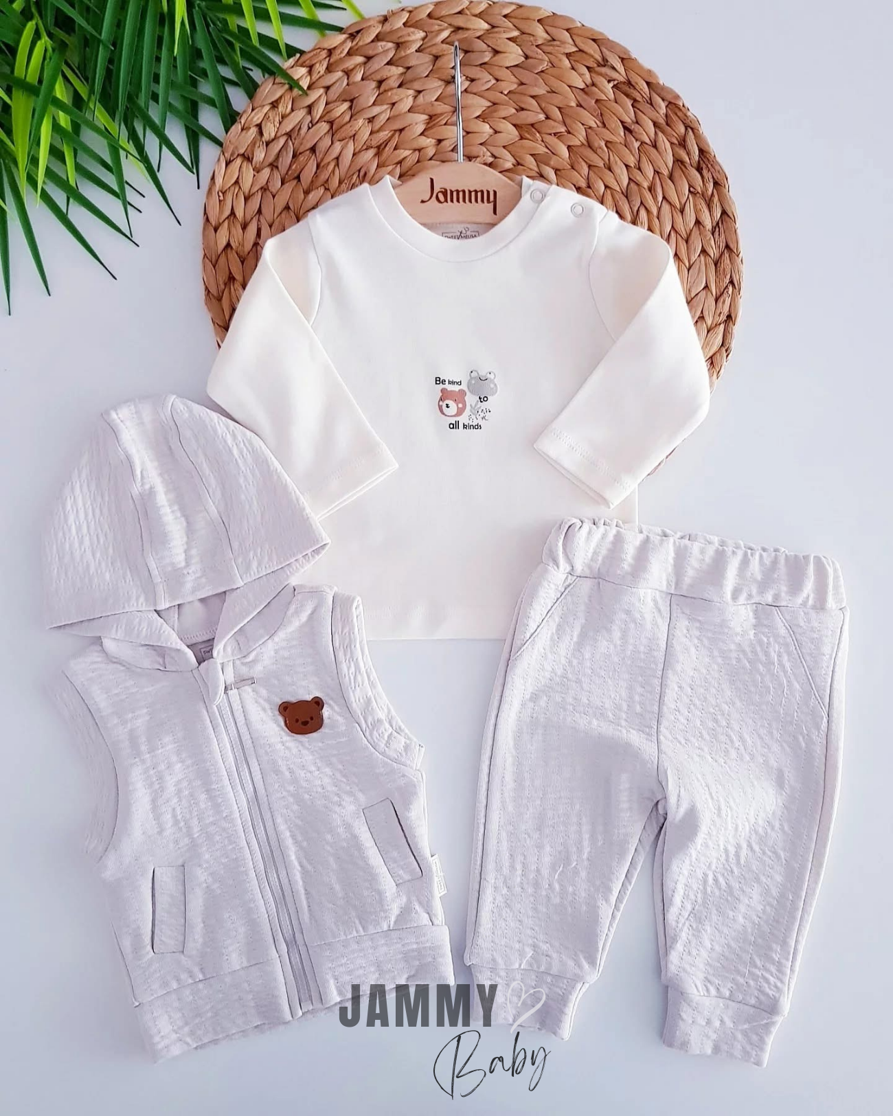 Ayı Muslin Yelek 3 Parça Set-YUMUŞAK GRİ