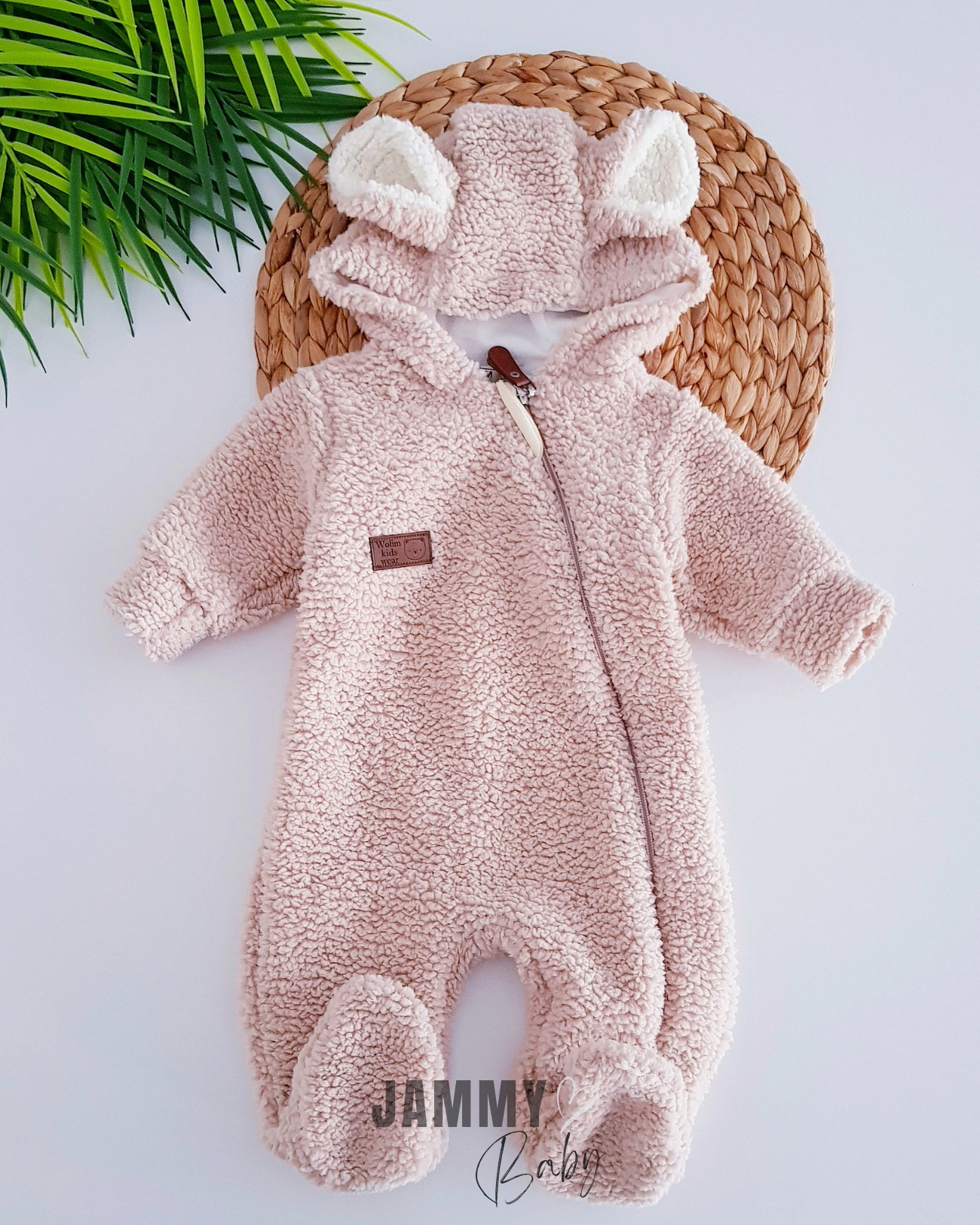 Pluchen jumpsuit met rits en voering van beer - BEIGE