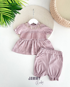 Waist Gipe Detail Short Sleeve Set with Shorts - SOFT LILA