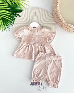 Waist Gipe Detail Short Sleeve Set with Shorts - POWDER