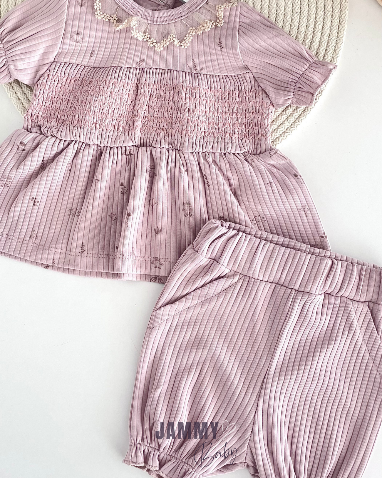 Waist Gipe Detail Short Sleeve Set with Shorts - SOFT LILA