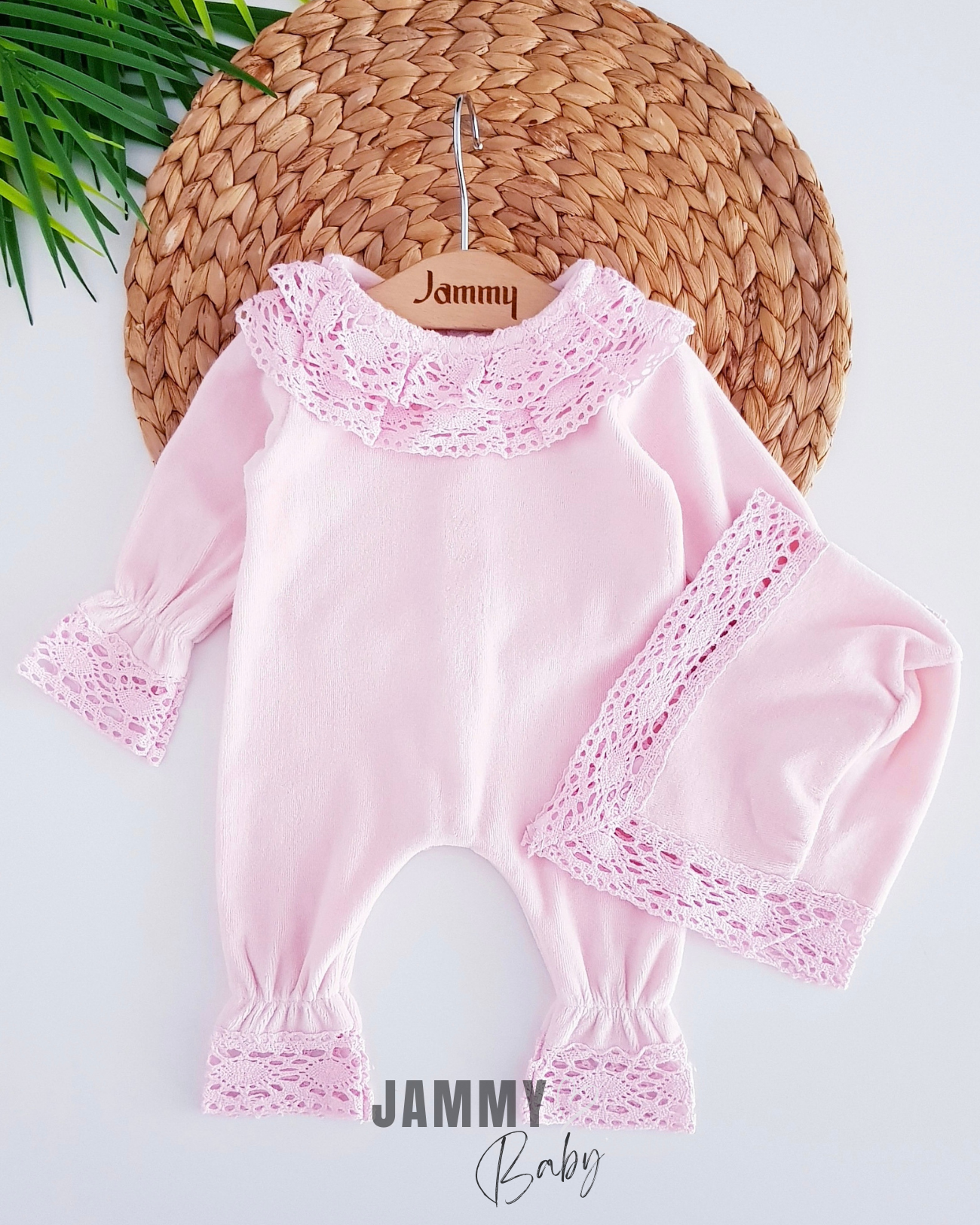Berry Lace Detay Laura Şapka Kadife Tulum Takımı-PEMBE
