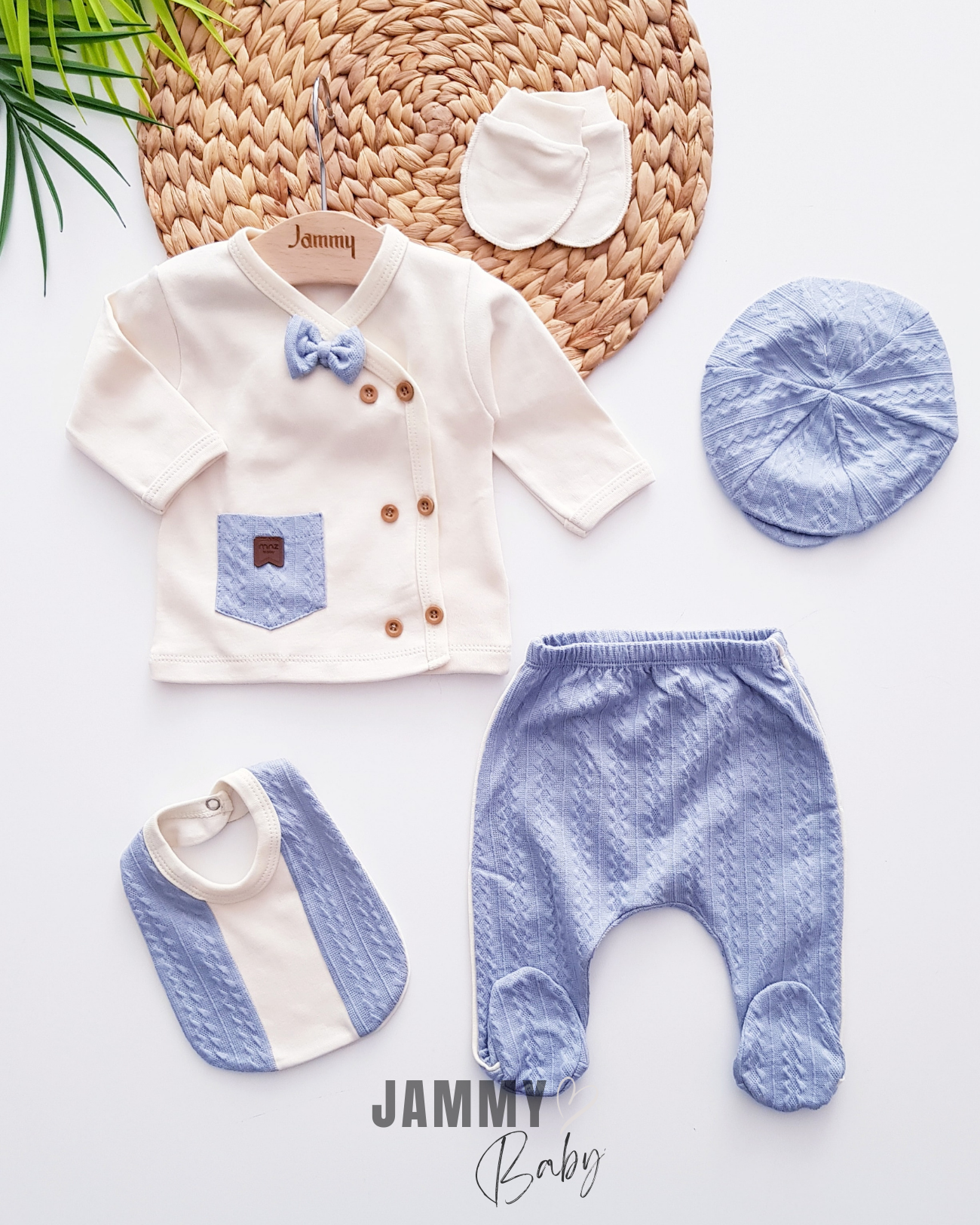 5-Piece Newborn Set with Pocket Detailed Cap - Soft, Breathable & Eco-Friendly Fabric - Indigo