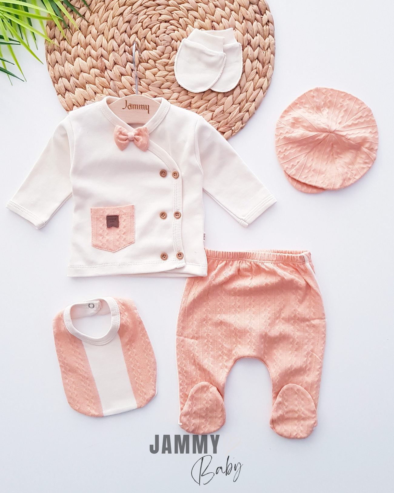 5-Piece Newborn Set with Pocket Detailed Cap in Orange - Soft, Eco-Friendly Fabric for Baby Comfort
