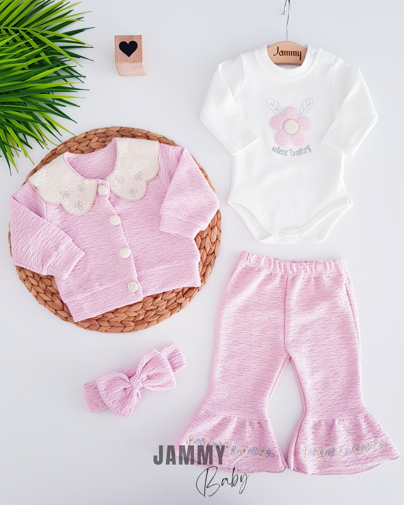 Floral Embroidered Collar Cardigan 4-Piece Set-PINK