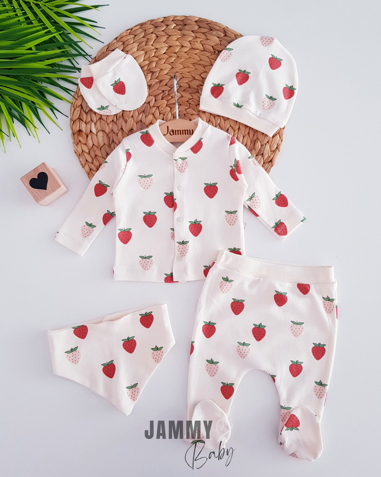 Strawberry Themed 5 Piece Newborn Set-CREAM
