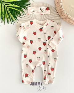 Strawberry Themed Bandana Jumpsuit Set-BONE