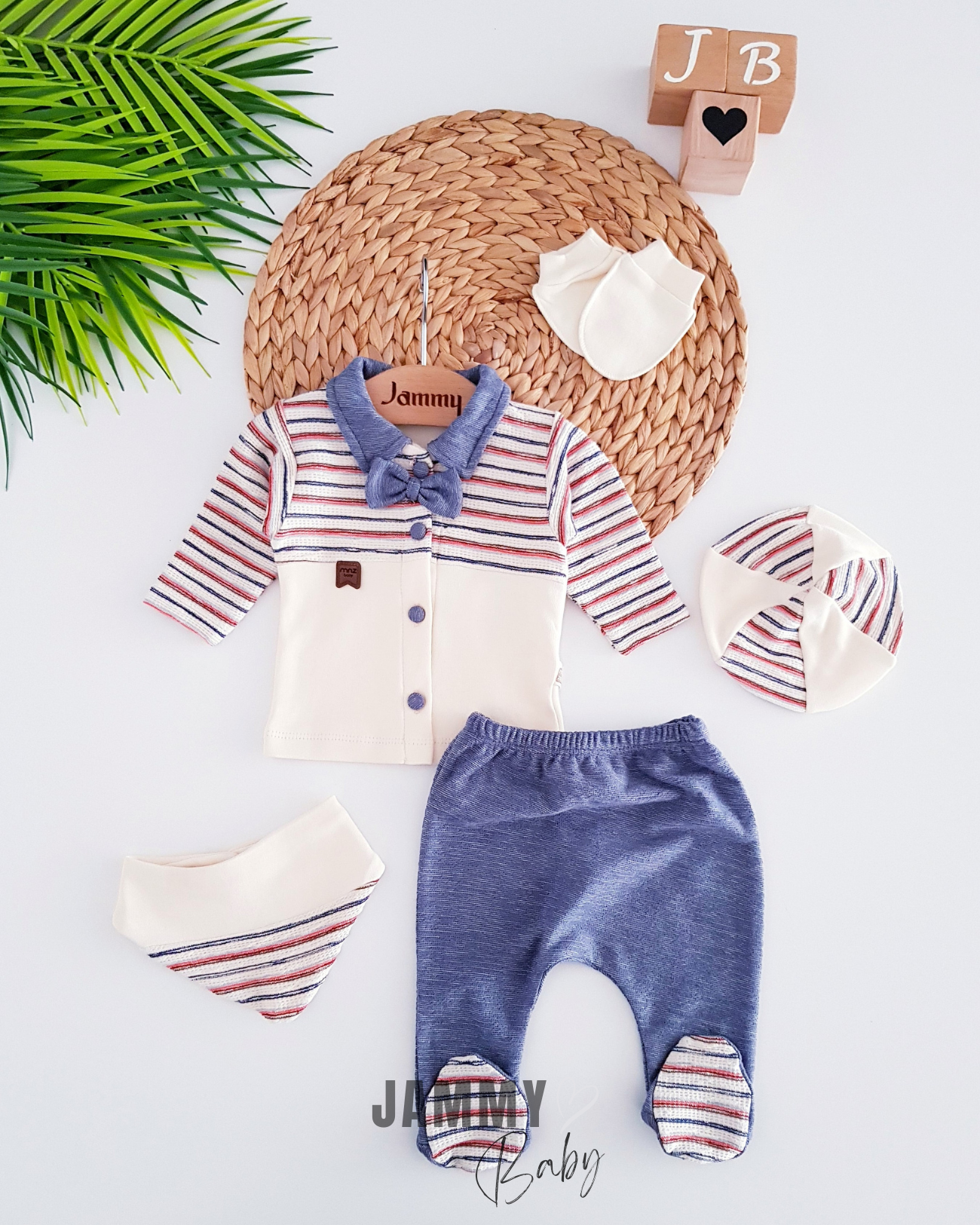 Stripe Patterned 5 Piece Newborn Set-BLUE