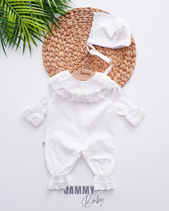 Coraline Scallop Lace Jumpsuit Set with Hat-EKRU