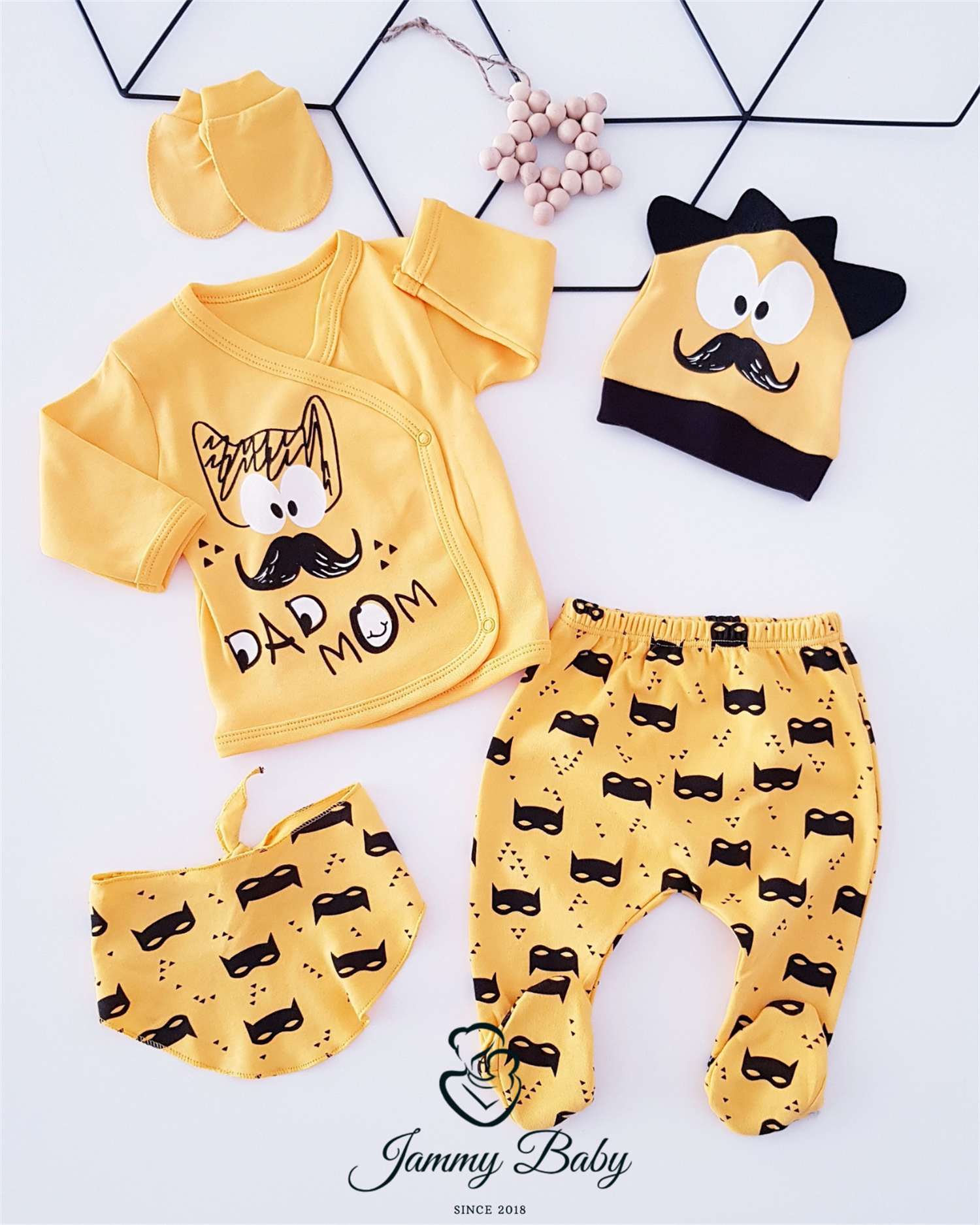 Dad - Mom Mustache 5 Piece Newborn Set - YELLOW