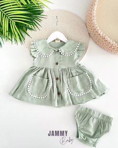 Darla Button Detail Crepe Dress & Panties Set-MINT GREEN
