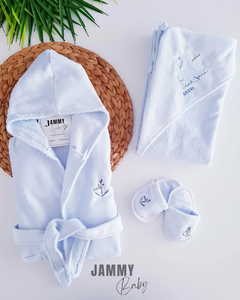 Sailor Embroidered 3 Piece Bathrobe Set-BLUE