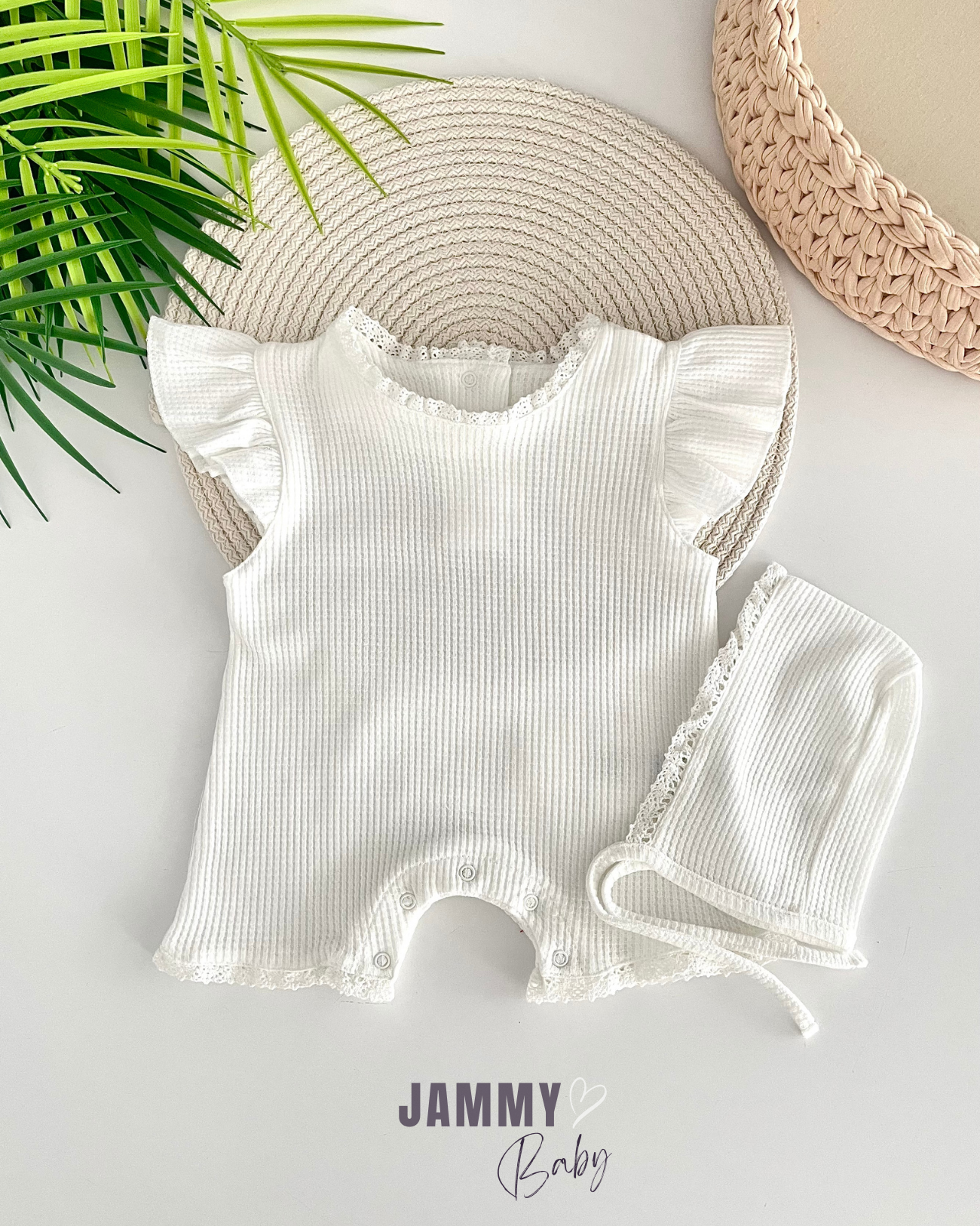 Dina Waffle Hat Shorts Overalls-WHITE