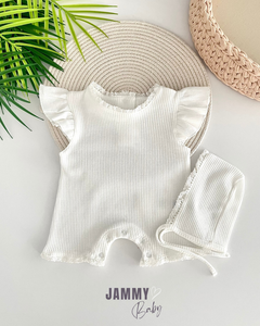 Dina Waffle Hat Shorts Overalls-WHITE