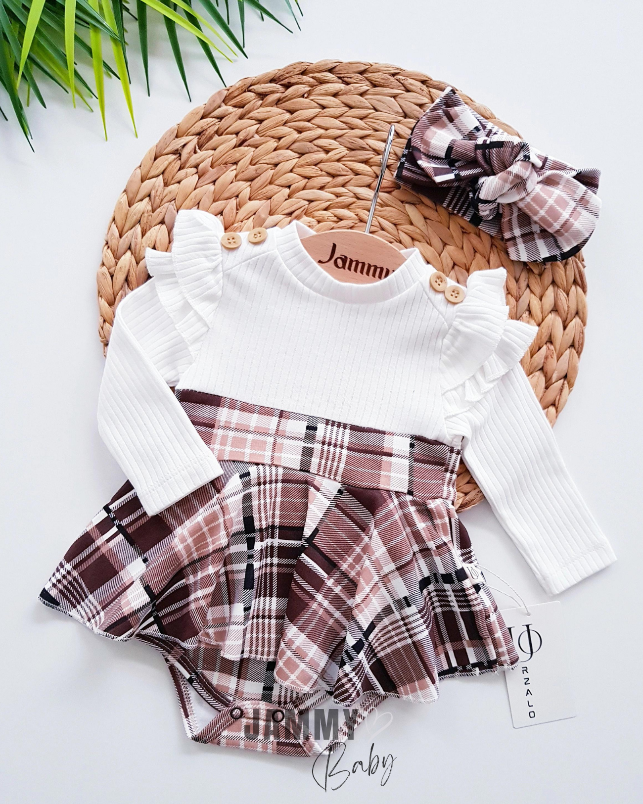 Ekose Desen Omuz Fırfırlı Bandana Bodysuit Elbise Takımı-ECRU