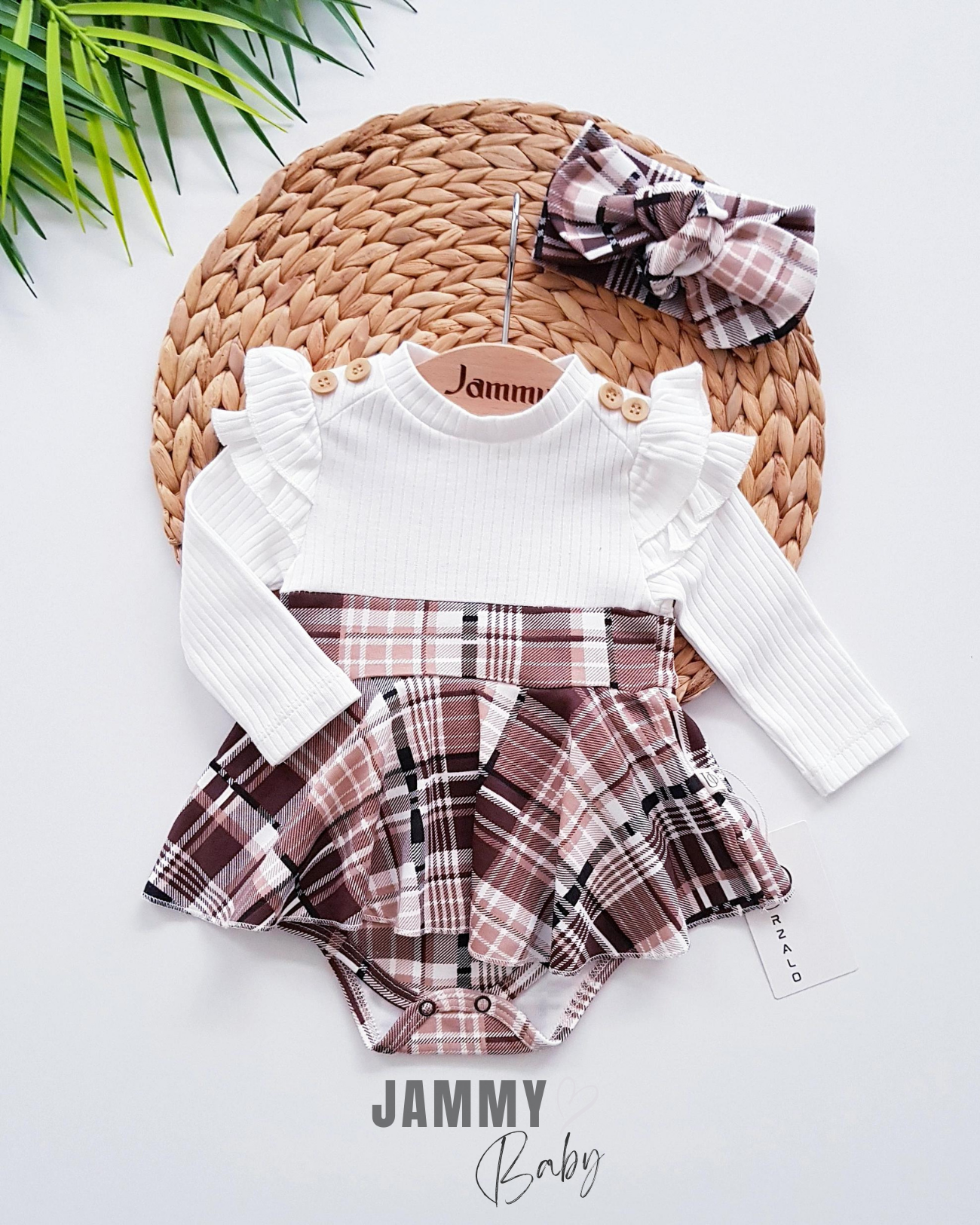 Ekose Desen Omuz Fırfırlı Bandana Bodysuit Elbise Takımı-ECRU