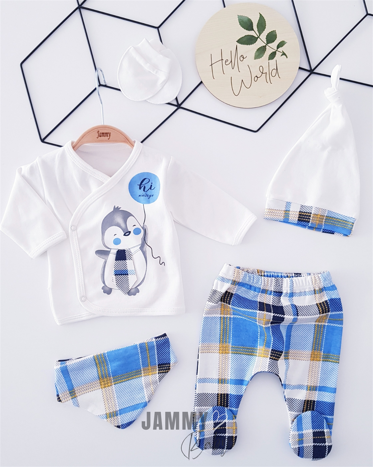 Plaid Penguin 5 Piece Newborn Set-BLUE