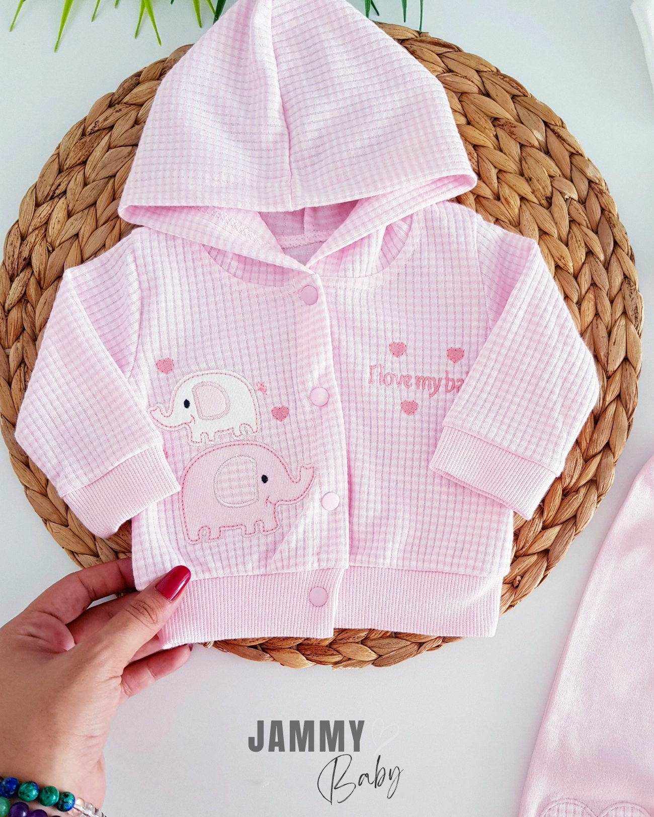 Olifant geborduurd Gingham Cardigan Set-ROZE