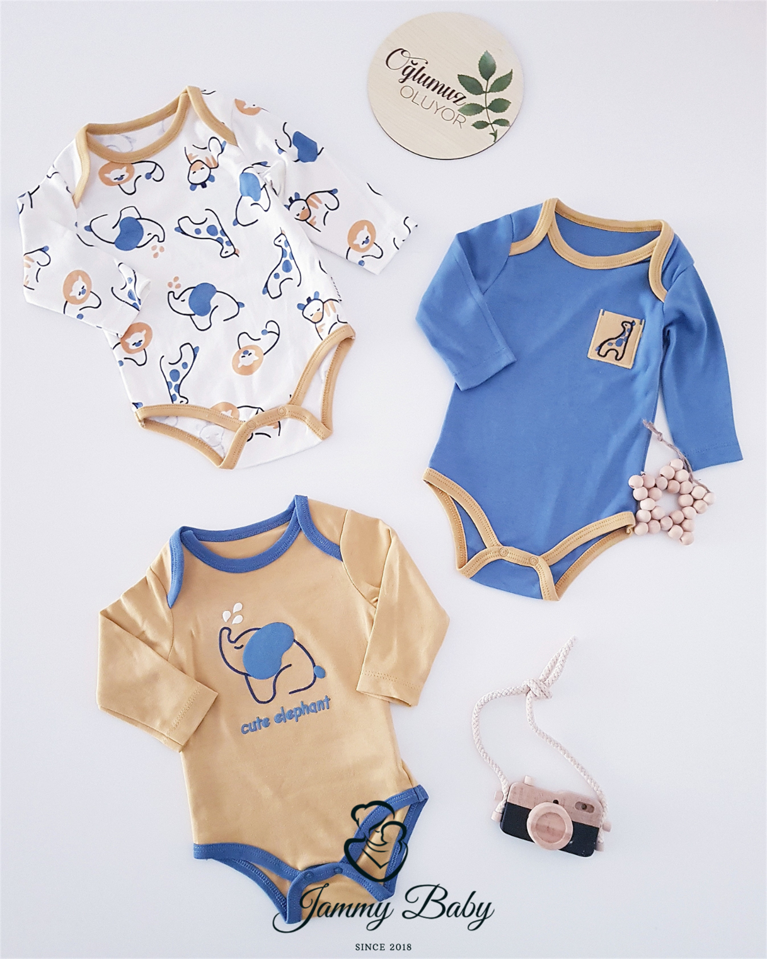 3-delige bodyset met olifantenthema - BLAUW