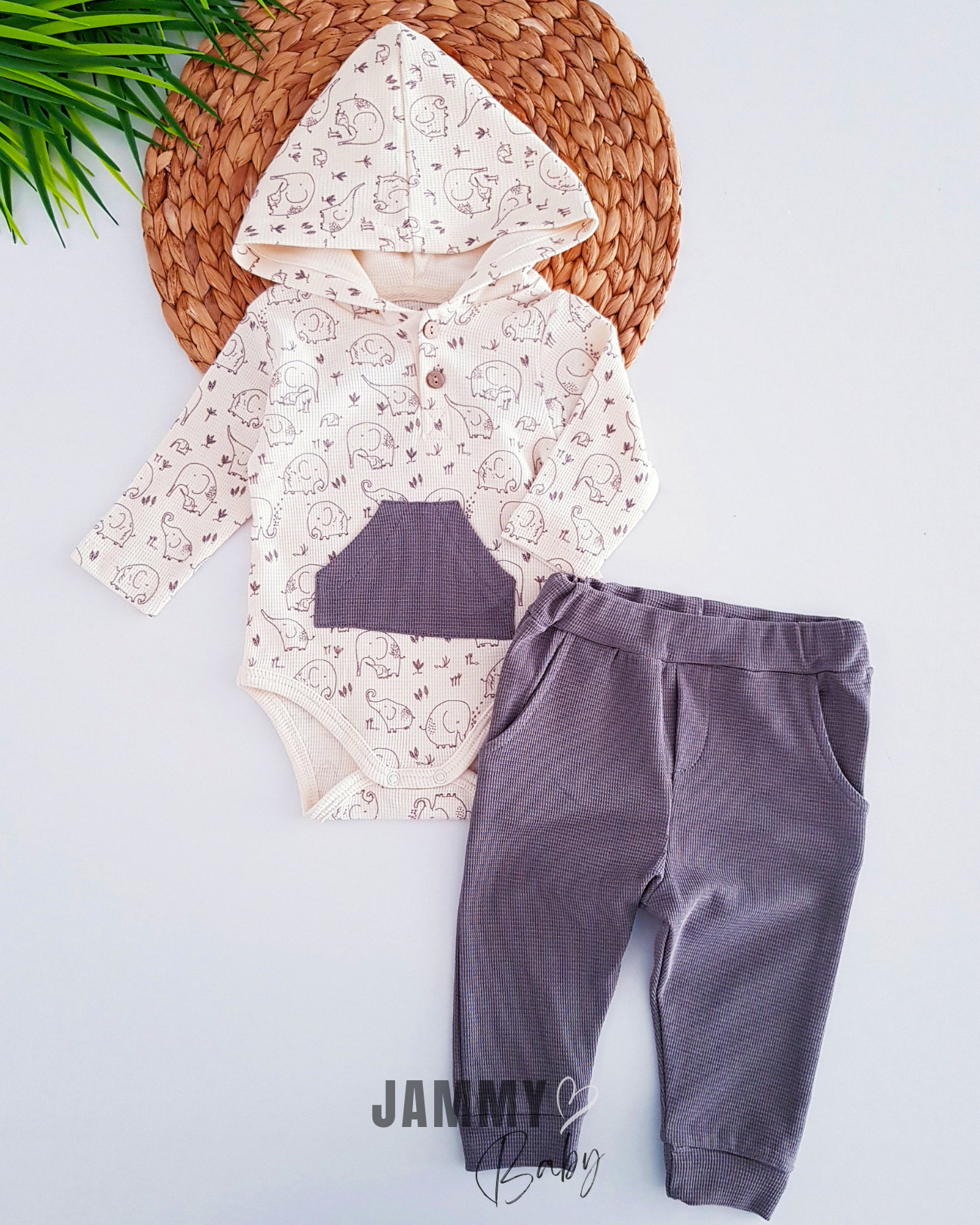 Olifantenthema Hooded Waffle 2-delige set-ANTRACIET