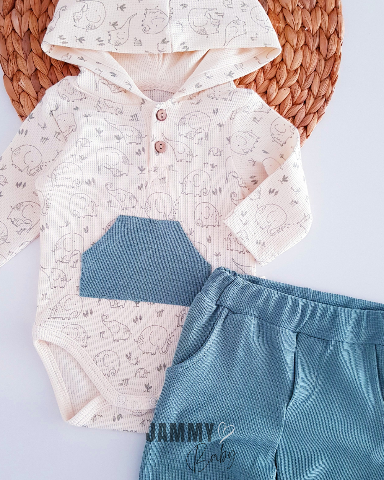 Olifantenthema Hooded Waffle 2-delige set - GROEN
