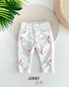 Flamingo Ponponlu Denim Pantolon-BEYAZ