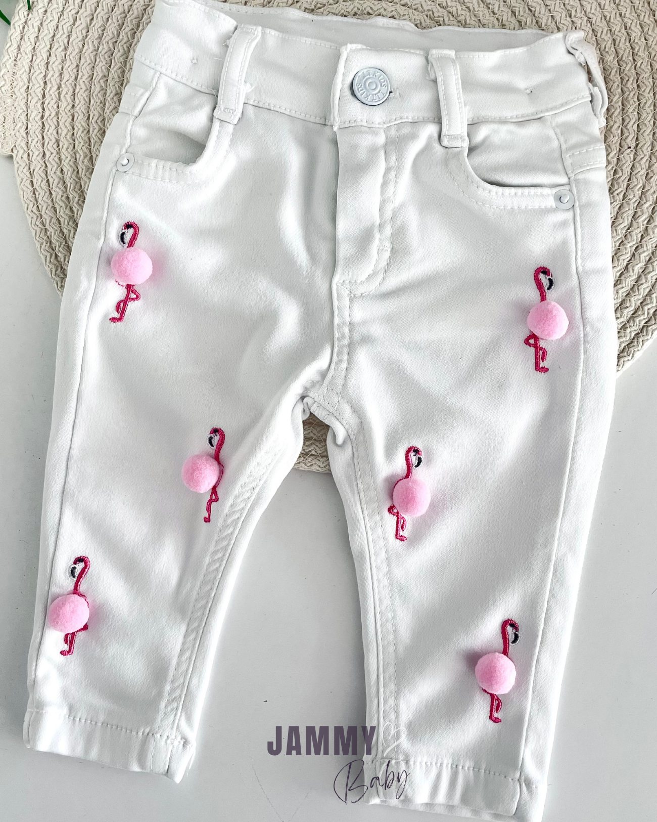 Flamingo Ponponlu Denim Pantolon-BEYAZ