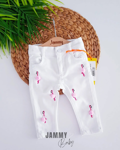 Flamingo Pompom Denim Trousers-WHITE