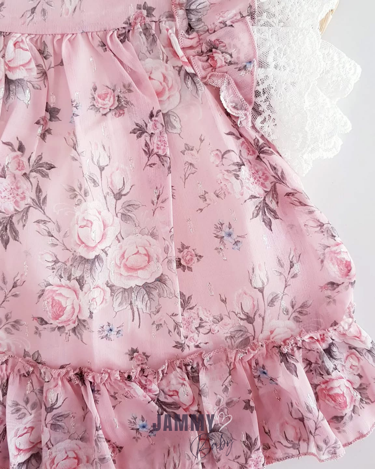 Chiffon jurk met rozenmotief en kanten mouwen - ROZE