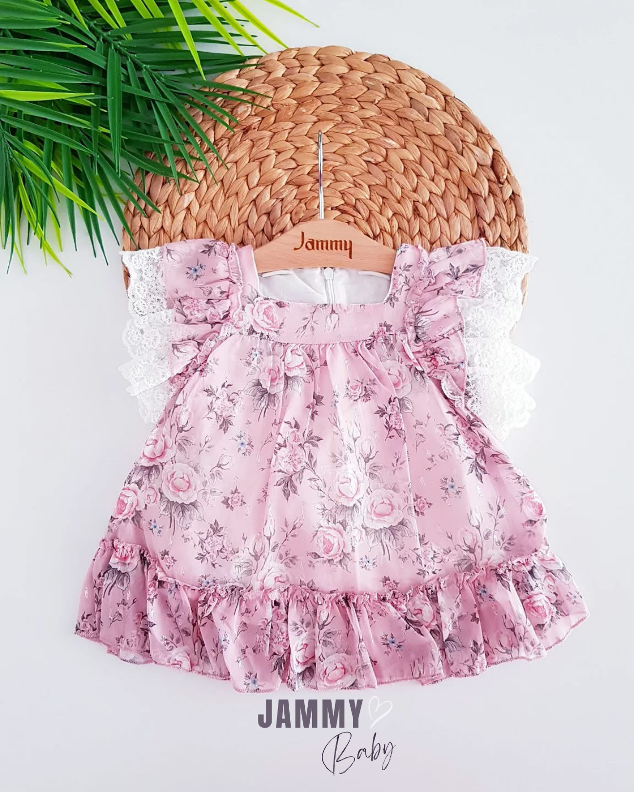 Chiffon jurk met rozenmotief en kanten mouwen - ROZE