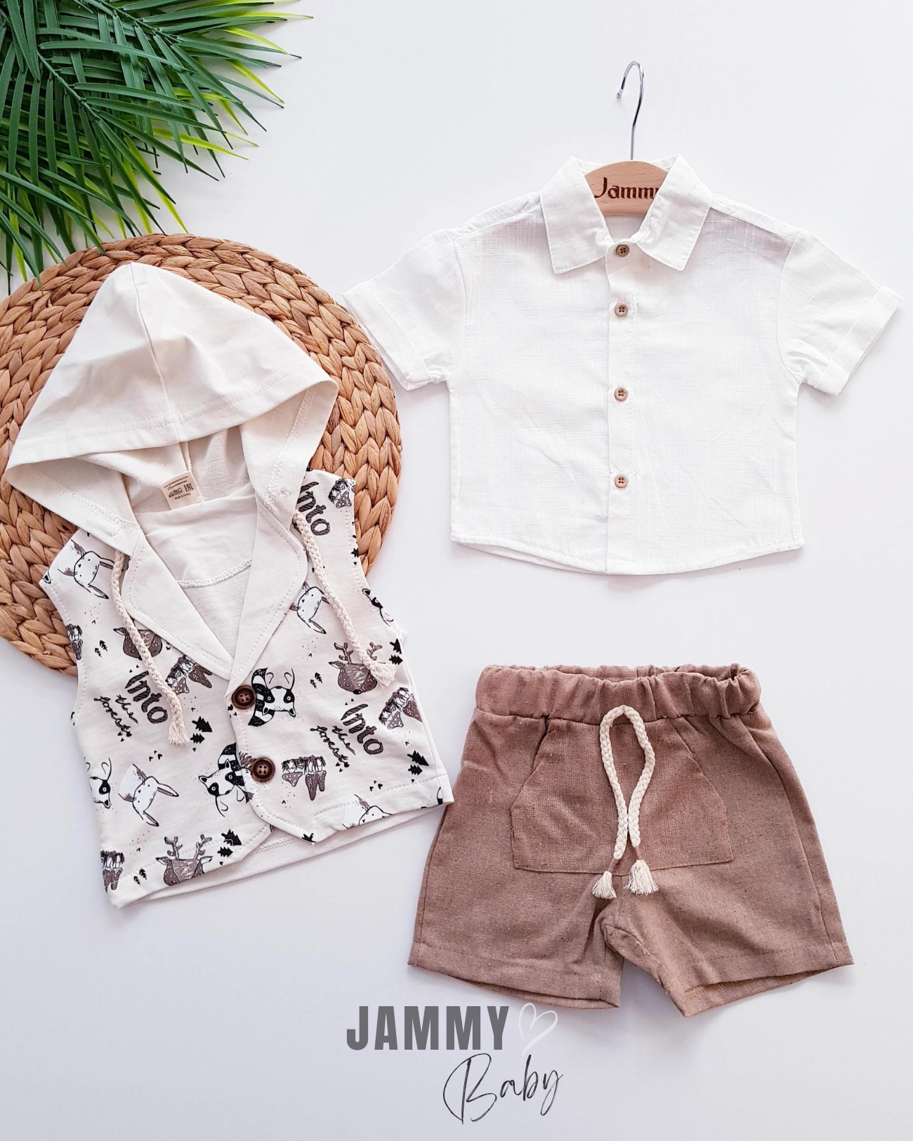 Into Forest Vest Linen 3 Piece Set-BEIGE