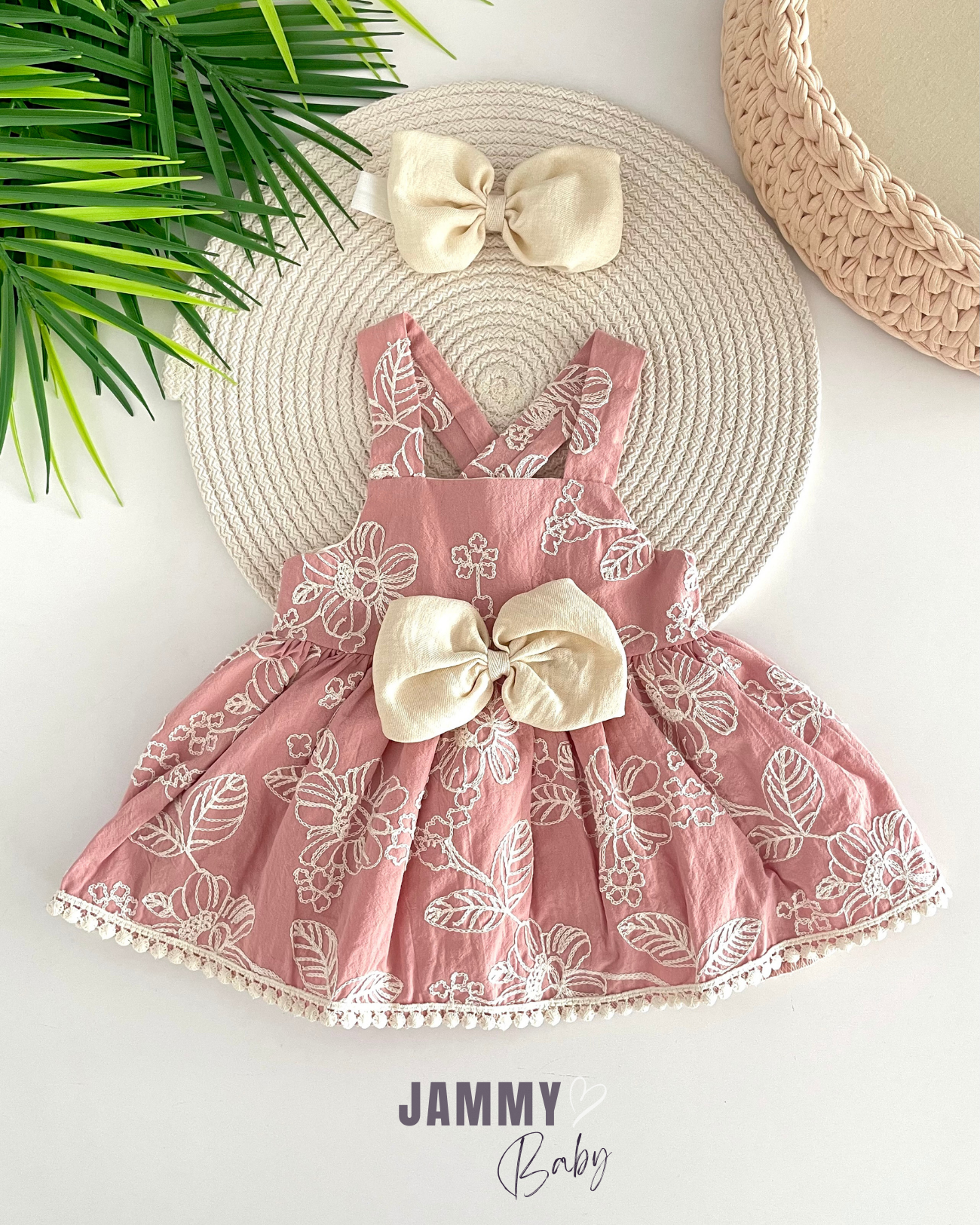 Jasmine Self-Patterned Bandana Linen Dress-DRY ROSE