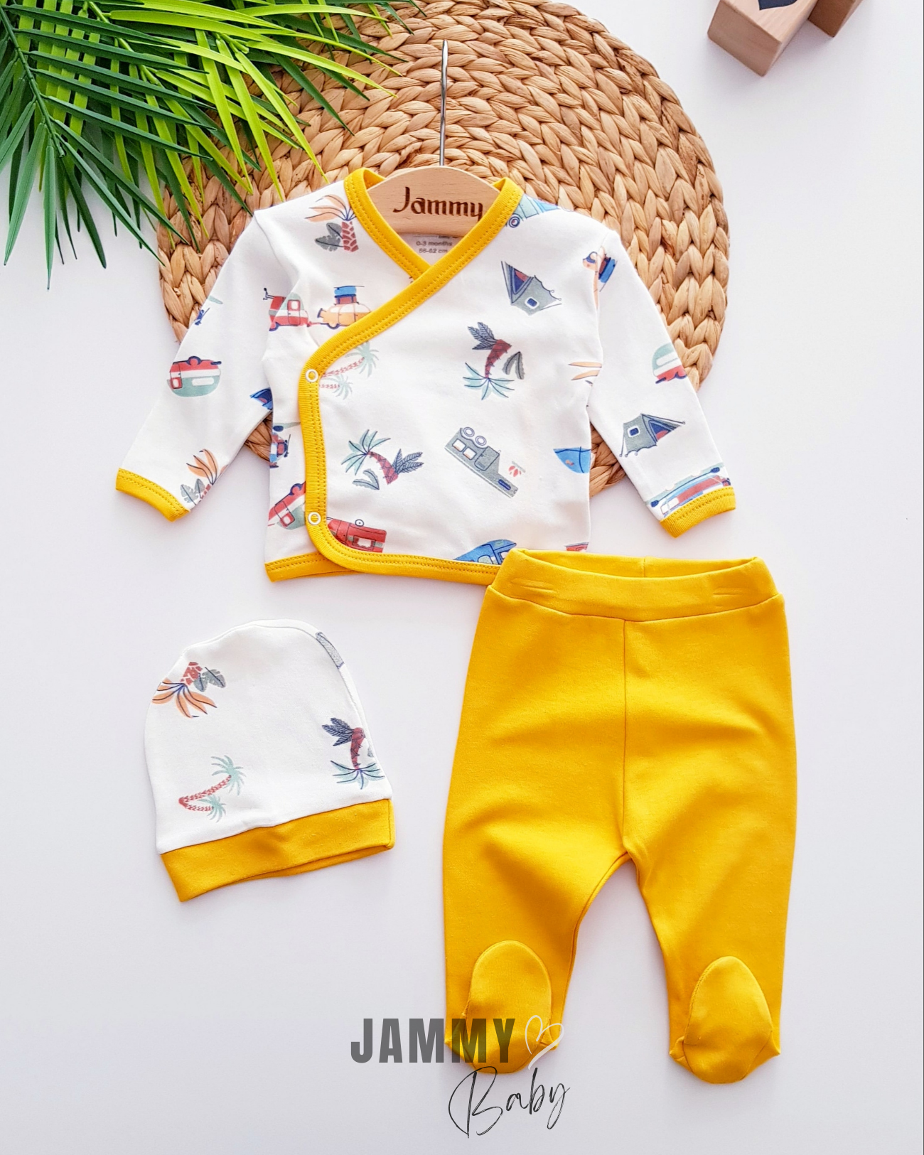 3-Piece Mustard Caravan-Themed Baby Outfit Set - Soft, Breathable Ecotex Fabrics
