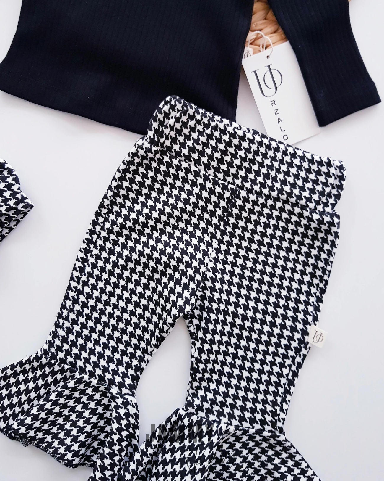 Houndstooth Desenli İspanyol Tayt Bandana 3 Parça Set-SİYAH