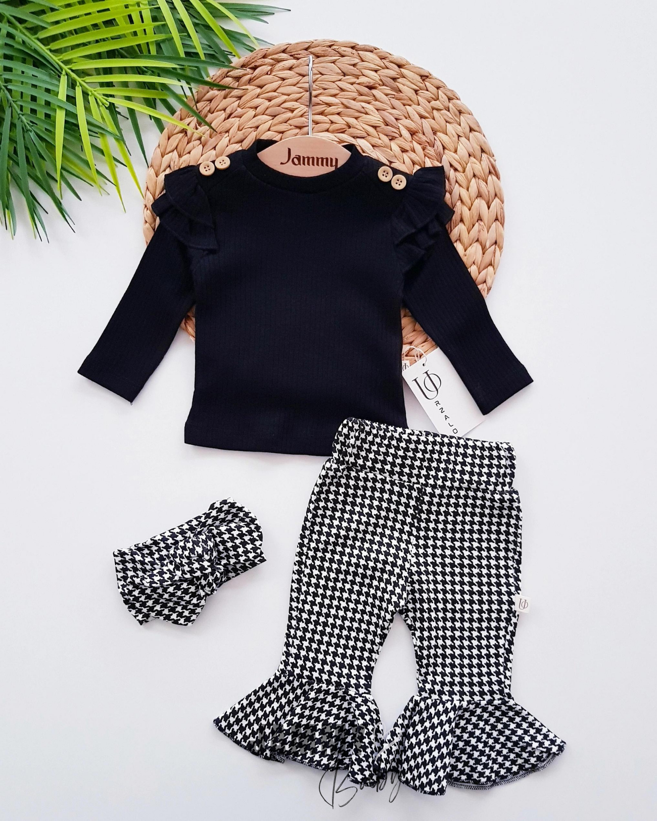 Houndstooth Desenli İspanyol Tayt Bandana 3 Parça Set-SİYAH
