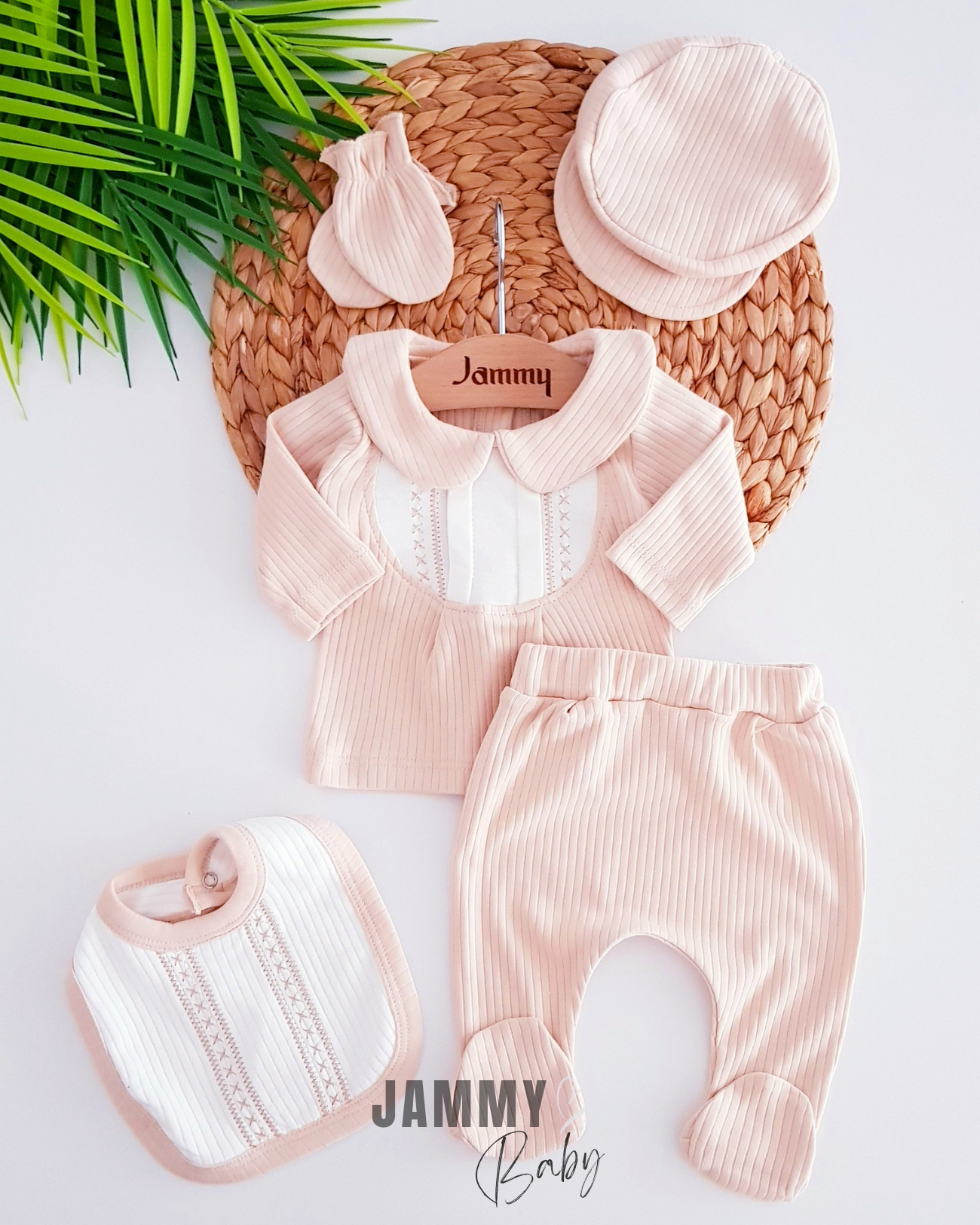 5-Piece Newborn Set in Cream with Classic Zigzag Stitched Cap - Ultra-Soft & Breathable Fabric